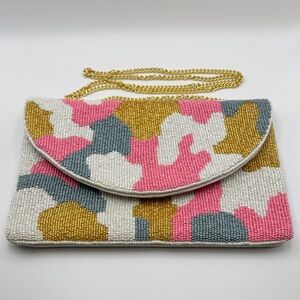 Elegant Beaded Clutch with Chain Strap and Colorful Camo Print
